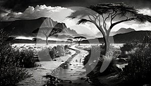 Serenity in Monochrome: Stunning AI-Generated African Landscape with a Track