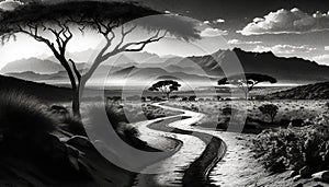 Serenity in Monochrome: Stunning AI-Generated African Landscape with a Track