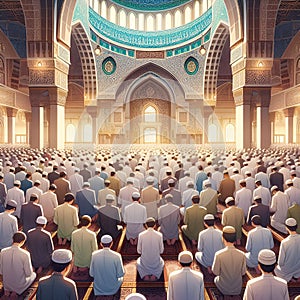 Serenity of the mosque, Eid al-Fitr prayer, worshippers dressed in their finest attire, blessings of Ramadan, joy of Eid, anime