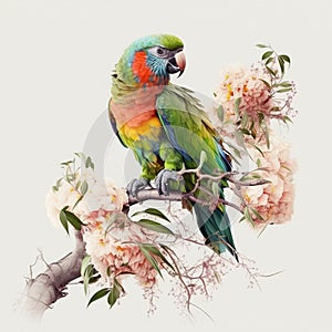 The Serenity of Nature, A Beautiful Parrot on a Flowers Branch, Isolated on White Background - Generative AI