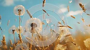 Serenity in nature: dandelions and wheat in golden light. peaceful summer day, ethereal feel, dreamy ambience, nature