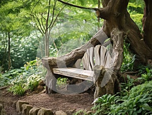 Serenity in Nature: A Quaint Tree Bench amidst Rolling Hills and Blooming Flowers