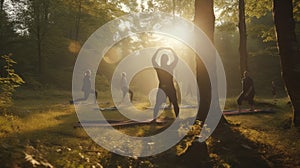 Serenity in Nature: Young People Practice Yoga in a Forest Clearing at Sunset. Generative AI