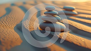 Serenity in nature: zen stones balanced on rippled sand at sunset, a symbol of harmony and balance. peaceful, calm image