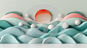 Serenity of a pastel sunrise casting gentle light on a tranquil 3d abstract hillscape