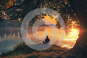 Serenity: person meditating by a peaceful lakeside at sunset