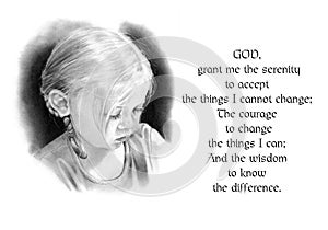 Serenity Prayer with Pencil Drawing of Girl photo