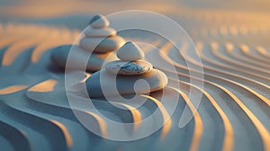 Serenity on sandy dunes at sunset. zen stones balanced perfectly. relaxing, tranquil scene for mindfulness practices