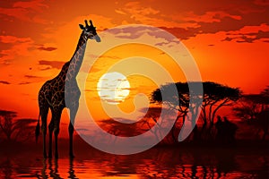 Serenity in savannah Giraffe silhouette graces African sunset, majestic freedom