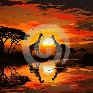 Serenity in savannah Giraffe silhouette graces African sunset, majestic freedom
