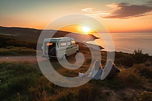 Serenity by the Sea: Couple Embracing the Sunset from Their Camper Van