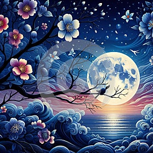 A serenity sea in night view, with full moon, twilight sky, flower, branches of tree, waves, painting art, Japanese cartoon style