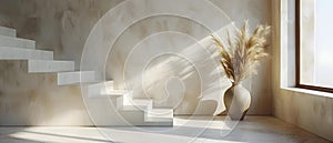 Serenity in Simplicity: Sunlit Staircase with Vase Decor. Concept Indoor Photoshoot, Minimalist