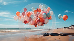 Serenity in the Skies: Red Balloons Soaring Above the Blurry Beachscape