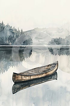 The serenity of a solitary canoe on a placid lake, rendered in gentle watercolor washes AI Generate