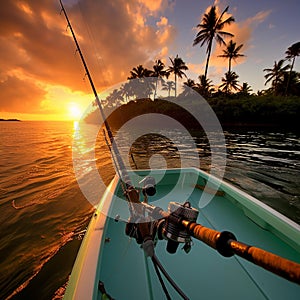Serenity at Sunset: Fishing Rod in Turquoise Waters