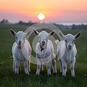 Serenity at sunset Portrait of three adorable kid goats