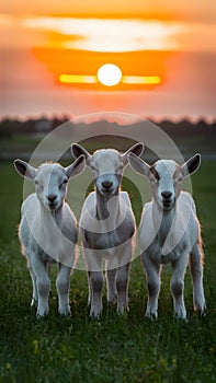 Serenity at sunset Portrait of three adorable kid goats