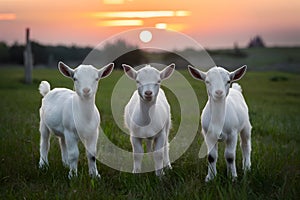 Serenity at sunset Portrait of three adorable kid goats