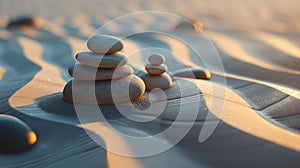 Serenity at sunset: stacked stones on rippled sand beach. zen-like balance in nature. perfect for relaxation and