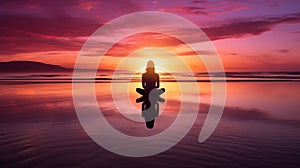 Serenity At Sunset: Woman Meditating On Beach With Silhouette