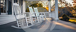 Serenity in Symmetry: White Porch Rockers at Dusk. Concept Symmetry, Serenity, Outdoor Photography, photo