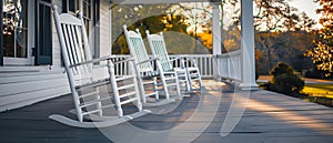 Serenity in Symmetry: White Porch Rockers at Dusk. Concept Symmetry, Serenity, Outdoor Photography,