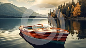 Serenity on the Water: Classic Wooden Speedboat on a Tranquil Lake. Generative ai