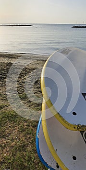 Serf equipment at the sandy beach of Oroklini at Larnaca district