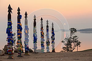 Serge Poles at Cape Burhan at sunrise. Olkhon island, Lake Baikal, Irkutsk region, Russia photo