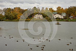 Sergiev Posad, Moscow region, Russia.  October 05, 2021:   View of Kelarsky pond in city center in autumn