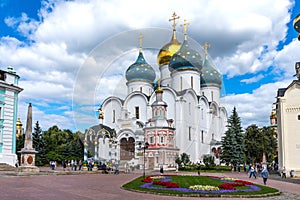 Sergiyev Posad, Russia- 20 August, 2020: Picturesque view of Trinity Lavra of St. Sergius in Sergiyev Posad in Russia
