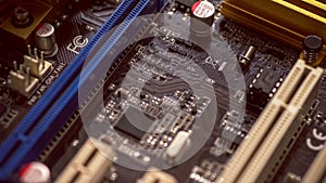 A series of 4K close up, slider shots of the surface of computer hardware parts, chips,motherboard,curcuits