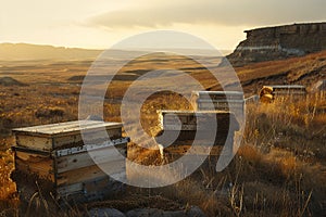 A series of ancient wooden bee hives in a barren moor, with beekeepers in traditional gear harvesting honey in the golden hour