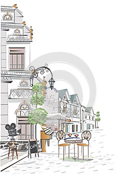 Series of backgrounds decorated with flowers, old town views and street cafes.