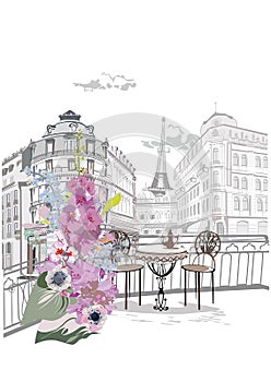 Series of backgrounds decorated with flowers, old town views and street cafes. CafÃ© window.