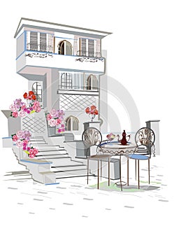 Series of backgrounds decorated with flowers, old town views and street cafes. CafÃ© window.