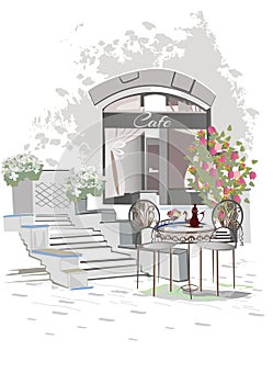 Series of backgrounds decorated with flowers, old town views and street cafes. CafÃ© window.