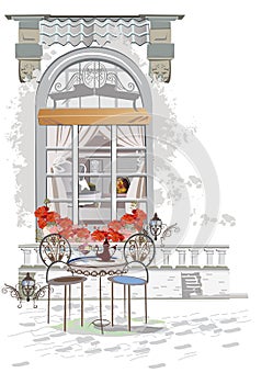 Series of backgrounds decorated with flowers, old town views and street cafes. CafÃ© window.