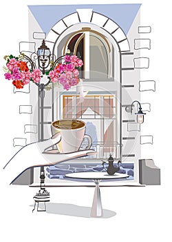 Series of backgrounds decorated with flowers, old town views and street cafes. Café window.