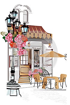 Series of backgrounds decorated with flowers, old town views and street cafes photo