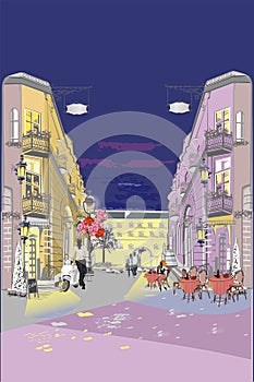 Series of backgrounds decorated with flowers, old town views and street cafes at night.