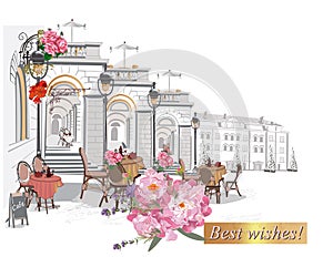 Series of backgrounds decorated with flowers, old town views and street cafes.