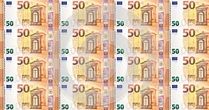 Series of banknotes of fifty euro rolling on print, seamless looping
