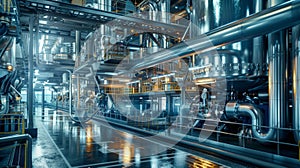 A series of biofuel production machines looming in a futuristic industrial facility with pipes and tubes connecting them