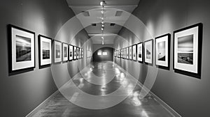 A series of black and white photographs each with a single subject line the walls of this minimalist art exhibit drawing