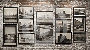 A series of black and white photographs showcasing old industrial buildings and machinery are framed and displayed in a