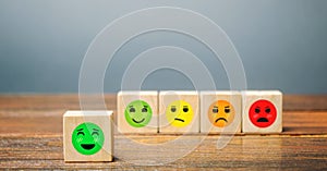 A series of blocks with faces from happy to angry. Happiness face selected. Concept of good rating, review and feedback. Satisfied