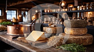 Traditional cheesemaking workshop with aging cheese wheels, copper vat, rustic tools and warm lighting photo