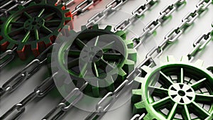A series of colorful gears and machinery elements melded with digital binary code symbolizing the fusion of photo
